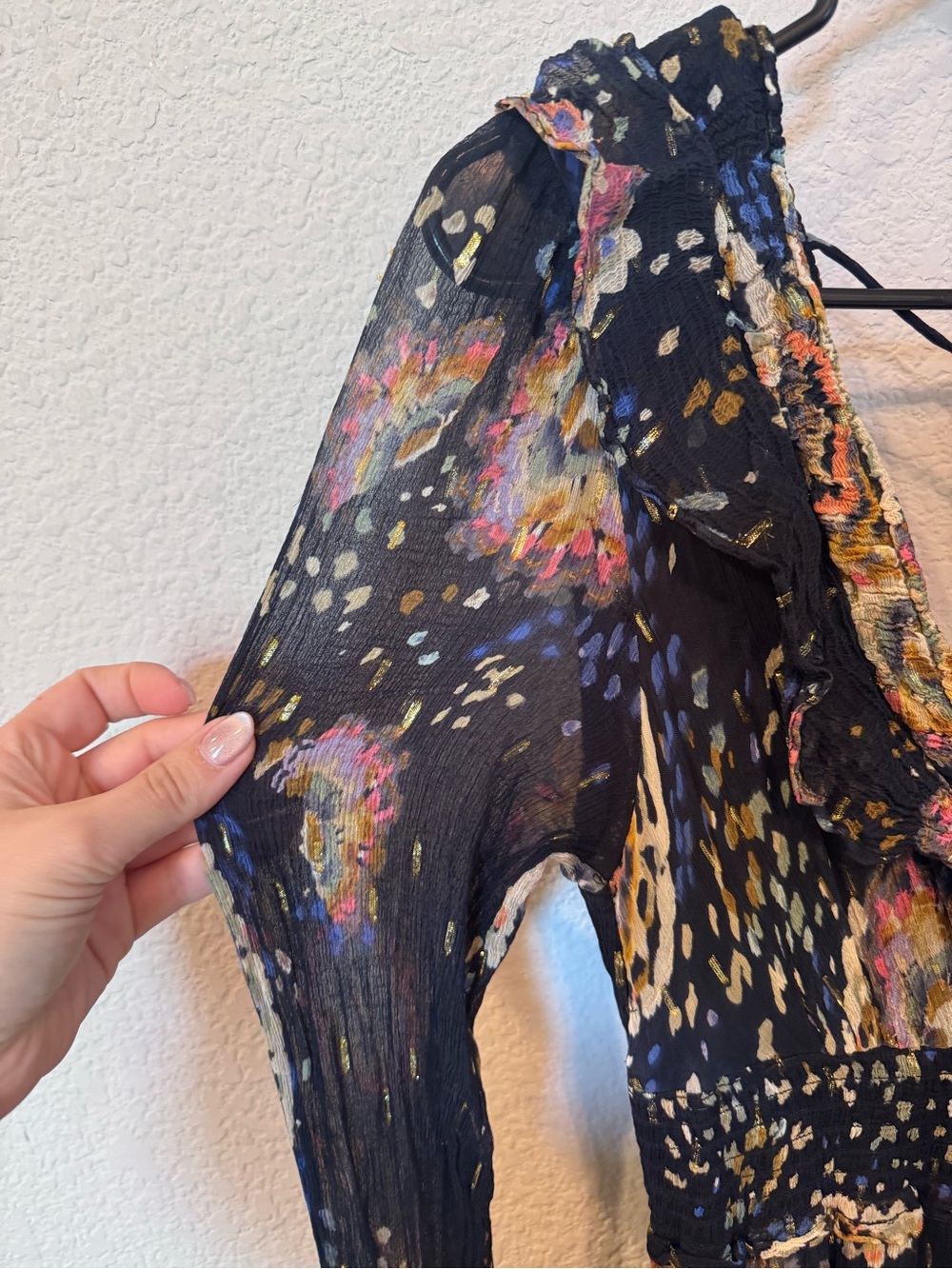 Anthropologie Small Boho Floral Sheer Sleeve Midi Dress Navy with pockets :) - Picture 5 of 15